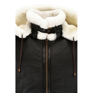 <b>Men's</b> B3 Bomber Black Sheepskin Leather Hooded <b>Jacket</b> With Detachable White Faux <b>Fur</b> Hood <b>Jacket</b> - Product Image 3