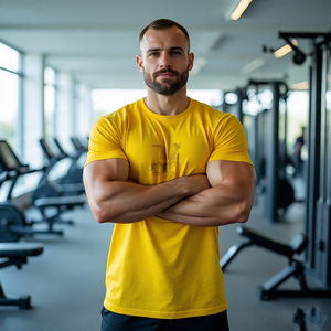 เสื้อทีเชิ้ตโยคะคอกลมผ้าฝ้ายทำจากโพลีเอสเตอร์ถักแขนสั้นสำหรับผู้ชายชุดวิ่งออกกำลังกาย - Product Image 4