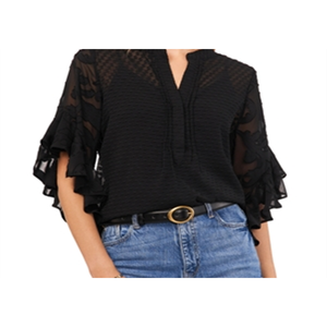 Top in maglia da donna di Vince Camuto con bordi in pizzo e maniche arricciate, nero, taglia media - Product Image 2