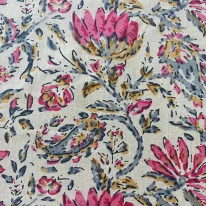 ม่านผ้าคอตตอนพิมพ์ลายดอกไม้สไตล์อินเดียสีครีมสีชมพูกุหลาบสีฟ้า