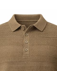 Pull Polo Homme Personnalisé à Texture Horizontale en Tricot, Manches Longues, Col Boutonné, Décontracté, Hiver, en Brun Camel, Vente en Gros - Product Image 5