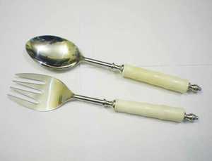 Ensemble de serveurs à salade de style nouveau design, ensemble de fourchettes et de cuillères de service en acier inoxydable avec poignées en terrazzo, ustensiles à salade à fentes - Product Image 3