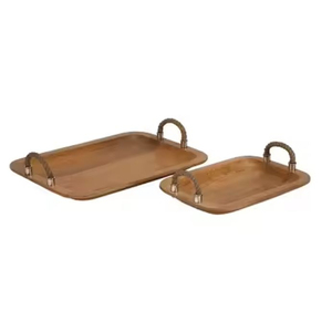 Juego de 2 bandejas de madera con asas de cuerda Diseño admirable Bandejas para servir postres de comida de madera para accesorios de utensilios de cocina - Product Image 1