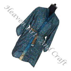 KS011 Beautiful Vintage Sari Kimono Short Robe Vintage Summer Floral Print Bohemian Oversized Full Length Sleeve Holiday Vintage - Product Image 3