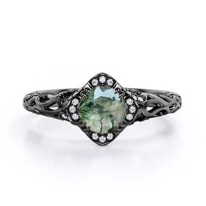 1.10 Carat Vert Mousse Agate Diamant Bague de Fiançailles Coussin en Argent Sterling 925 Encadré Halo Plaqué Rhodium Mariage pour les Fêtes - Product Image 3