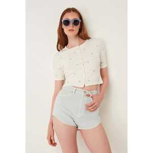 Casual Floral Print Crew Neck Nonwoven <b>Cardigan</b> <b>with</b> Embroidery and Button Decoration Long Polyester <b>Short</b> <b>Sleeves</b> for Winter - Product Image 1