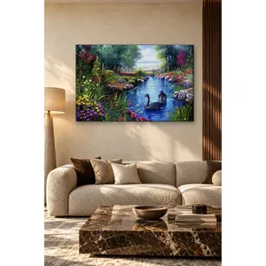 Impression sur toile de cygnes noirs Fida dans un étang de jardin fleuri - Product Image 2
