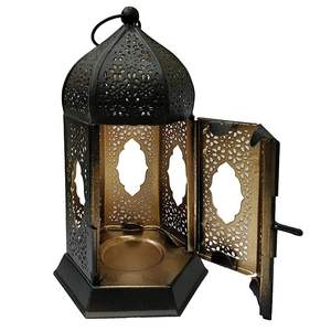 Antique Style Metal Candle Lantern with <b>Hinged</b> Door Black Finish for Rustic Christmas Events or Holiday Decor - Product Image 5