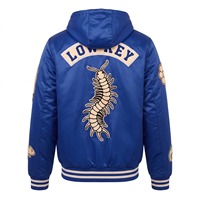 Blouson Bomber en Satin à Capuche pour Homme Bleu Royal Crème avec Patch Chenille Centipède Doublure Sublimée Logo Personnalisé OEM
