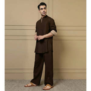 Deebaco <b>Men's</b> Solid Brown Cotton Co-Ord Set Full Sleeve Mandarin Collar Casual Kurta With Pajama Summer Daily Wear 2 Piece Set - Product Image 3