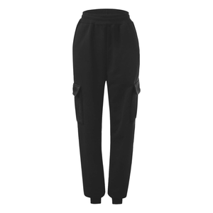 Pantalon cargo en molleton noir pour femme avec cordon de serrage à la taille Joggers de gymnastique décontractés avec poche de saison d'hiver de Style avant plat - Product Image 2