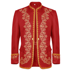 Chaqueta de cuero genuino para hombre con cuello mandarín y bordado dorado, abotonadura sencilla, para actuaciones formales, con plumas de ganso blanco, personalizada - Product Image 5