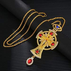 Collier précieux en stock, artisanat d'église, luxe, or plaqué, métal, croix pectorale orthodoxe, gravure, pierre rouge, cadeau religieux - Product Image 1
