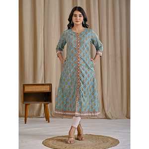 Sea Green Block Printed Aline <b>Kurti</b> Traditional Indian Ethnic Long Cotton <b>Kurti</b> for Daily Wear Parties Floral Stitched Rayon - Product Image 3