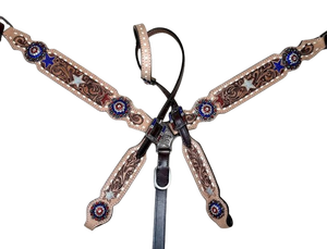 ชุดอุปกรณ์ขี่ม้าแบบตะวันตก สีแดง ขาว น้ำเงิน ประดับคริสตัล พร้อมสายรัดอกและบังเหียนหนัง ลายปักแบบ Concho สไตล์รักชาติ - Product Image 4