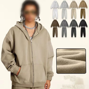 Ensemble de sweats à capuche à fermeture éclair pour hommes ODM, poids lourd, avec sweats à capuche à motif uni tricoté et pantalon à jambes larges, poches utilitaires et style délavé - Product Image 1