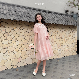 Wholesale Pink Silk Maternity Dress with Bow Print Lace Neck Detail Sweat-Absorbent Clothing for Pregnant Women V1315 - Product Image 2