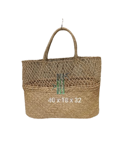 Unisex Eco-Friendly Genuine Leather <b>Handbag</b> <b>Big</b> Size Seagrass Panelled Style with Linen Lining & Open Closure Handled Design - Product Image 2