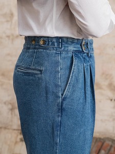 Pantalon en jean pour homme automne-hiver, style rétro, taille haute, coupe droite, pantalon décontracté pour gentleman avec braguette zippée, lavage lourd, style tendance - Product Image 6