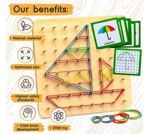 Wissen Techus Geoboard de madera Suministros educativos para niños Juego creativo con tacos de madera y bandas elásticas - Product Image 1