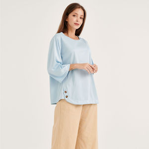 Chemisiers et hauts décontractés pour femmes, fournisseur de chemisiers et de hauts de grande taille, col rond respirant, manches bouffantes, chemisier brodé pour femmes 3/4 - Product Image 1