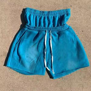 Shorts de sueur délavés au soleil de haute qualité Jogging Vintage strass lavage à l'acide Double taille Shorts de fitness pour hommes - Product Image 3