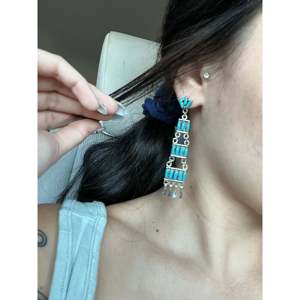 Southwest Kingman Turquoise Drop Earrings Geometric Gold Plated <b>Studs</b> with Pearl and Diamond for Weddings - Product Image 2