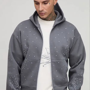 Sudadera con capucha para hombre, extragrande, con cremallera frontal, estampada, con pedrería gris, de algodón grueso transpirable, con logotipo personalizado - Product Image 1