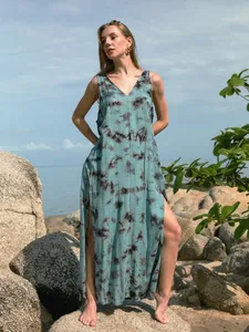 Indian Handmade Tie Dye Summer New Arrival for Women Wear Rayon High Leg <b>Spaghetti</b> Sleeveless V Neck Maxi <b>Long</b> Dress - Product Image 5