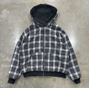 Custom Acid Wash Double Layer hoodie Reversible <b>Zip</b> <b>up</b> Plaid Cropped Boxy fit Hoodie <b>Jacket</b> for Men - Product Image 2