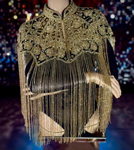 Robe de soirée luxueuse en mousseline de soie pailletée perlée à la main Cape à franges multi-portable pour tenue de club asymétrique lourde brillante - Product Image 6