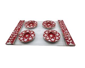 Ensemble de plateaux de service en bois de nacre de haute qualité, 4 pièces, sous-verres en nacre incrustés, rouge/bleu/jaune, artisanat de qualité, vente en gros - Product Image 1