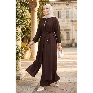 Ensemble tunique longue en crêpe et tweed marron pour femme, col mandarin à lacets, style bureau, blazer et pantalon, coupe ample pour l'été - Product Image 1