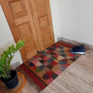 Handmade Wool Jute Kilim <b>Rug</b> Reversible Multicolour Boho-Chic Carpet 2.5x4 Ft Home Decor Living Room <b>Bedroom</b> Door Outdoor Hotels - Product Image 6