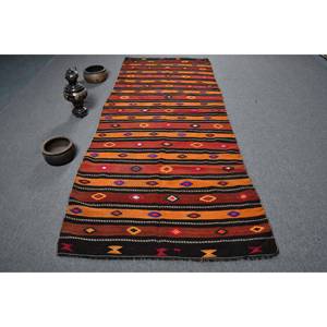 พรมขนสัตว์สีน้ำตาลแบบดั้งเดิม เป็นมิตรกับสิ่งแวดล้อม ขนปานกลาง ขนาด 4x9 ฟุต ดีไซน์แบบต่อผ้าสไตล์วินเทจ ทำด้วยมือจากตุรกี เหมาะสำหรับห้องรับประทานอาหาร - Product Image 1