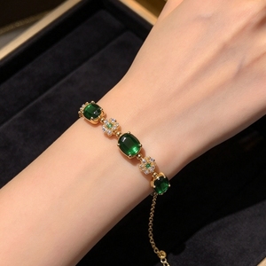 Bracciale in Lega di Zinco Placcato Oro con Pietra Verde Smeraldo CZ Ovale, Bracciale Vintage con Catena di Cristalli per Donna, Regalo per Matrimoni e Feste - Product Image 3
