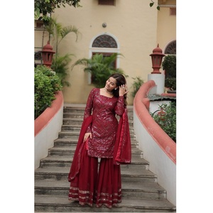 Dernier ensemble indien brodé Sharara Kurti tissu Georgette magnifique créateur pakistanais personnaliser vêtements ethniques 3 pièces - Product Image 1