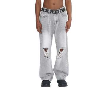 กางเกงยีนส์เดนิมทรงหลวมแบบขายส่ง คุณภาพดี กางเกงยีนส์เดนิมแบบขาดๆ สไตล์สตรีท สีเทา สำหรับผู้ชาย - Product Image 4