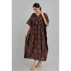 Azul oscuro Estampado floral Kaftan Maxi Vestido étnico Tamaño libre Hasta el suelo Algodón puro Estilo casual para el día - Product Image 2