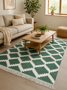 Indian Handloom 100% Pure Cotton Rug Forest Green Stepped Diamond Lattice Pattern Floor <b>Mat</b> Custom Sizes Available - Product Image 2