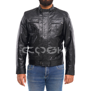 Fabricant et fournisseur de blousons en cuir noir robustes pour motards avec boucle de réglage à la ceinture et plusieurs poches - Product Image 5