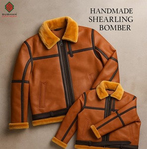 Veste aviateur en cuir moutonnée décontractée pour homme, couleur marron unie, col mandarin, fermeture éclair, manteau d'hiver, service OEM - Product Image 5