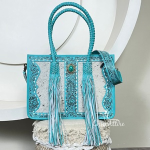Nuevo Bolso de Mano de Diseñador de Moda 2025, Bolso de Hombro de Cuero Repujado a Mano de Lujo para Mujer con Piedra Turquesa y Flecos - Product Image 1