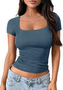 Tops cortos básicos de verano para mujer, camisetas de punto de manga corta con cuello cuadrado, Camisetas básicas con patrón bonito y sólido para salir - Product Image 2