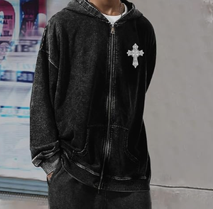 Sweat-shirts à capuche vintage gothique punk pour hommes, streetwear grunge, surdimensionné, graphique gothique croisé, lavage à l'acide - Product Image 4