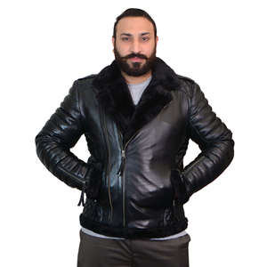 Veste en cuir asymétrique en peau de mouton noir pour homme, modèle B3 - Product Image 1