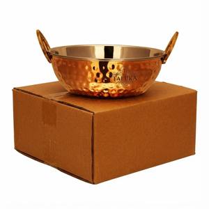 Kadai de Acero Inoxidable por Dentro y Cobre por Fuera de 23 Onzas, Fabricante Indio, Karahi de Cobre Martillado a Mano con Logotipo Personalizado al por Mayor - Product Image 1
