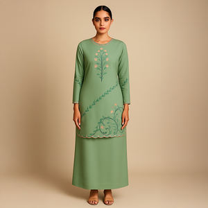 Modeste deux pièces Baju Kurung ensemble fait à la main broderie florale Style solide et respirant pour les mariages Ramadan - Product Image 5