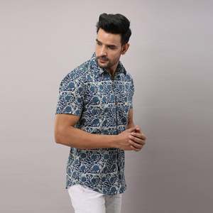 Men's Casual Blue Floral Cotton <b>Shirt</b> Regular Fit Mandarin Collar Breathable Poplin Fabric Size XL for Autumn Winter Season - Product Image 4