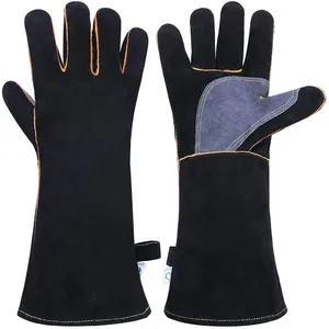 16 Inches 932 Grey Comfortable Welding Grill Fireplace Furnace Pot Holder Cowhide Split Leather Heat Resistant Gloves